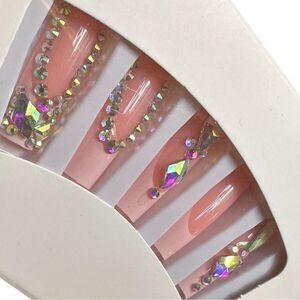 24pcs Glossy Coffin French Pink Ballerina PressOn Nails & Crystal Embellishments